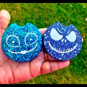 Jack and Sally Glitter Car Coasters Set of 2